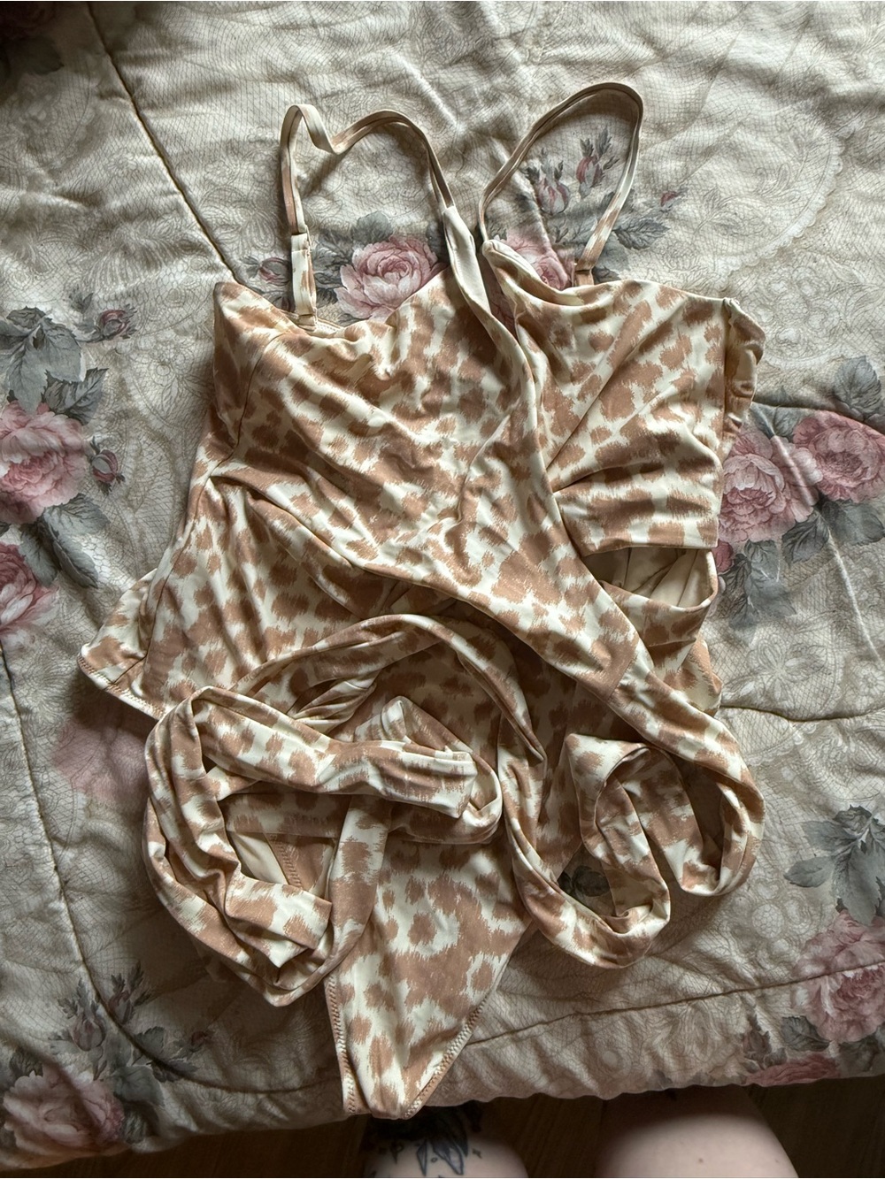 aerie Beige Animal Print Cross Front One Piece Bathing Suit